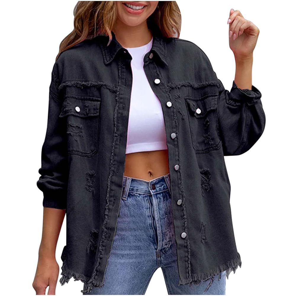 Jean Jacket for Women Long Puff Sleeve Distressed Denim